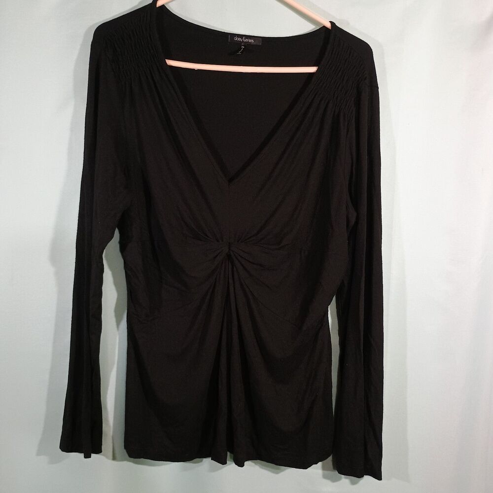 Black Ruched Front Top Long Sleeve V Neck Blouse Stretch Casual Top size PXL